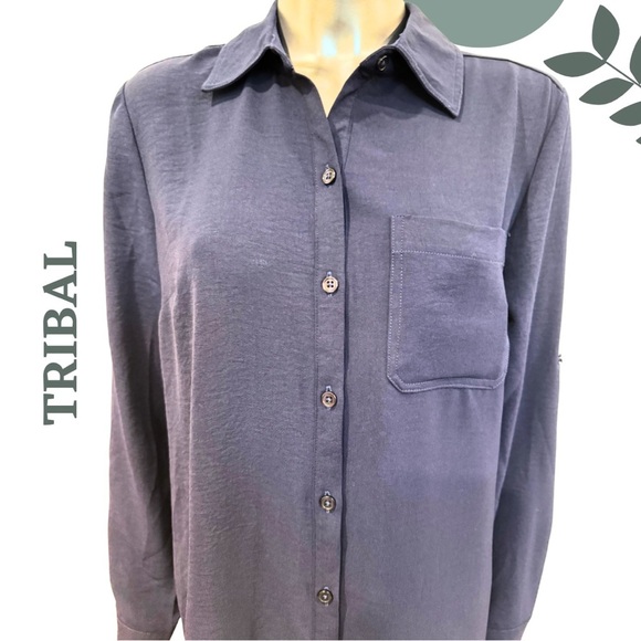 Tribal Pebbled Crepe Roll Sleeve Classic Longline Navy Blouse | Versatile & Chic - Picture 8 of 10